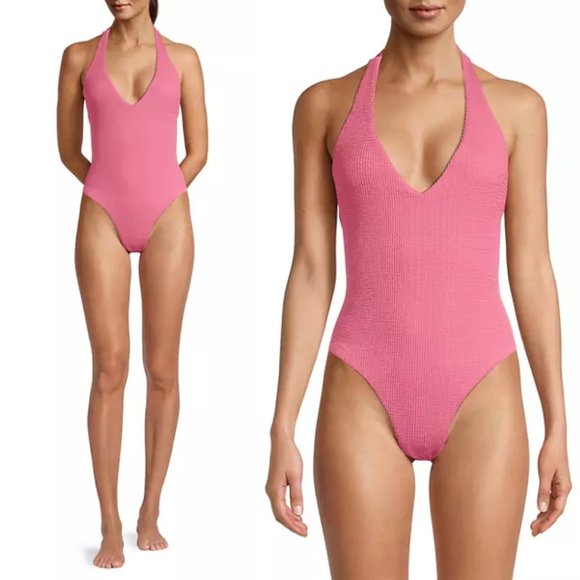 NWT Veronica Beard Salis One-Piece Swimsuit Halter Crinckled Pink Sherbet Medium